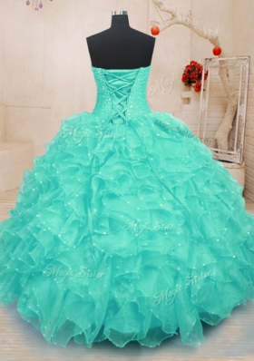 Cheap Turquoise Organza Lace Up Sweet 16 Quinceanera Dress Sleeveless Floor Length Beading and Ruffles and Hand Made Flower
