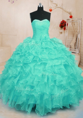 Cheap Turquoise Organza Lace Up Sweet 16 Quinceanera Dress Sleeveless Floor Length Beading and Ruffles and Hand Made Flower