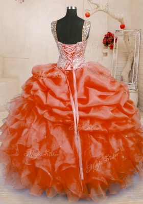 Cute Pick Ups Orange Red Sleeveless Organza Lace Up Sweet 16 Dress for Military Ball and Sweet 16 and Quinceanera