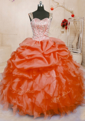 Cute Pick Ups Orange Red Sleeveless Organza Lace Up Sweet 16 Dress for Military Ball and Sweet 16 and Quinceanera