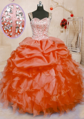 Cute Pick Ups Orange Red Sleeveless Organza Lace Up Sweet 16 Dress for Military Ball and Sweet 16 and Quinceanera