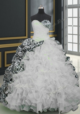 Deluxe Printed White Sweet 16 Dresses Military Ball and Sweet 16 and Quinceanera and For with Beading and Ruffles and Pattern Sweetheart Sleeveless Brush Train Lace Up