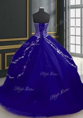 Excellent Sweetheart Sleeveless Quinceanera Dress With Brush Train Beading and Appliques Blue Tulle