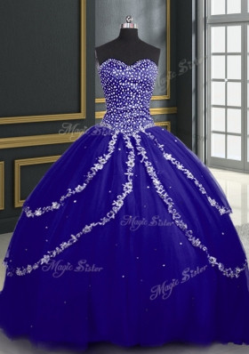 Excellent Sweetheart Sleeveless Quinceanera Dress With Brush Train Beading and Appliques Blue Tulle