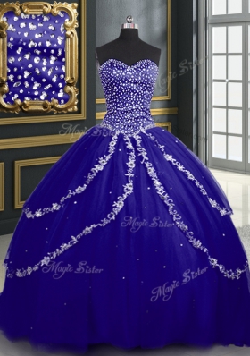 Excellent Sweetheart Sleeveless Quinceanera Dress With Brush Train Beading and Appliques Blue Tulle