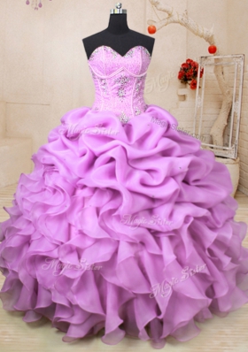 Fantastic Floor Length Lilac Quinceanera Dress Organza Sleeveless Beading and Ruffles and Pick Ups