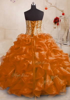 Fantastic Orange Sleeveless Organza Lace Up Quinceanera Dresses for Military Ball and Sweet 16 and Quinceanera