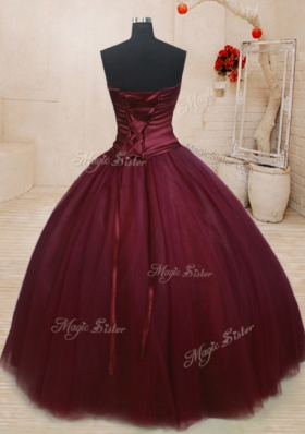 Floor Length Burgundy Quinceanera Dress Tulle Sleeveless Beading