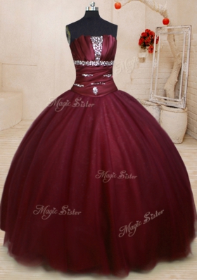 Floor Length Burgundy Quinceanera Dress Tulle Sleeveless Beading