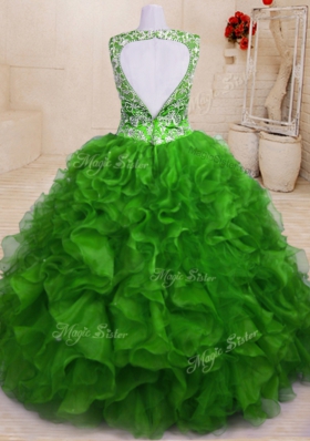 Floor Length Green Sweet 16 Dresses Organza Sleeveless Beading and Embroidery and Ruffles