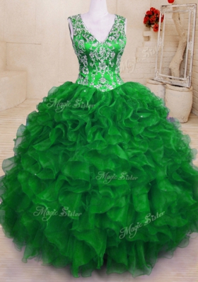 Floor Length Green Sweet 16 Dresses Organza Sleeveless Beading and Embroidery and Ruffles