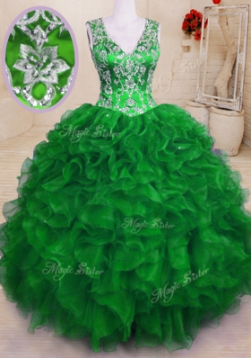 Floor Length Green Sweet 16 Dresses Organza Sleeveless Beading and Embroidery and Ruffles