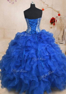 Four Piece Royal Blue Sweetheart Neckline Beading and Ruffles Sweet 16 Dresses Sleeveless Lace Up