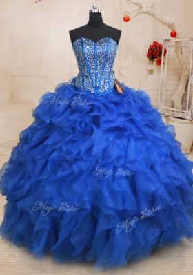 Four Piece Royal Blue Sweetheart Neckline Beading and Ruffles Sweet 16 Dresses Sleeveless Lace Up