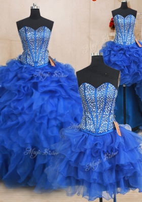 Four Piece Royal Blue Sweetheart Neckline Beading and Ruffles Sweet 16 Dresses Sleeveless Lace Up