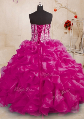 Fuchsia 15th Birthday Dress Military Ball and Sweet 16 and Quinceanera and For with Beading and Ruffles Sweetheart Sleeveless Lace Up
