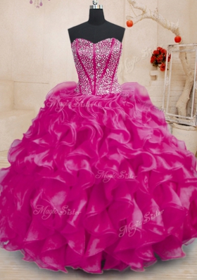 Fuchsia 15th Birthday Dress Military Ball and Sweet 16 and Quinceanera and For with Beading and Ruffles Sweetheart Sleeveless Lace Up