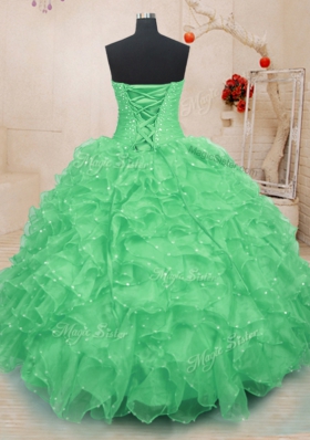 Graceful Green Organza Lace Up Sweet 16 Quinceanera Dress Sleeveless Floor Length Beading and Ruffles and Hand Made Flower