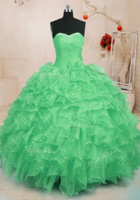Graceful Green Organza Lace Up Sweet 16 Quinceanera Dress Sleeveless Floor Length Beading and Ruffles and Hand Made Flower
