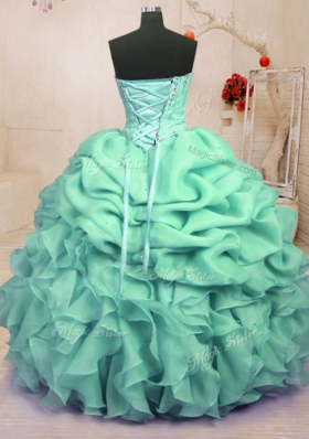 Inexpensive Apple Green Ball Gowns Sweetheart Sleeveless Organza Floor Length Lace Up Beading and Ruffles and Pick Ups Vestidos de Quinceanera