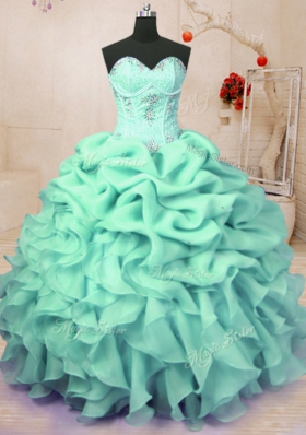 Inexpensive Apple Green Ball Gowns Sweetheart Sleeveless Organza Floor Length Lace Up Beading and Ruffles and Pick Ups Vestidos de Quinceanera