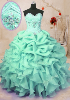 Inexpensive Apple Green Ball Gowns Sweetheart Sleeveless Organza Floor Length Lace Up Beading and Ruffles and Pick Ups Vestidos de Quinceanera