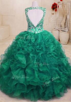 Organza V-neck Sleeveless Zipper Beading and Embroidery and Ruffles Sweet 16 Dresses in Dark Green