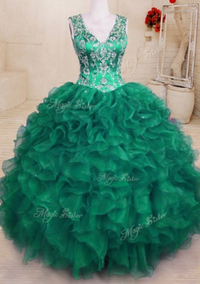 Organza V-neck Sleeveless Zipper Beading and Embroidery and Ruffles Sweet 16 Dresses in Dark Green