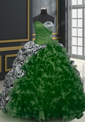 Printed Dark Green Sweetheart Neckline Beading and Ruffles and Pattern Ball Gown Prom Dress Sleeveless Lace Up