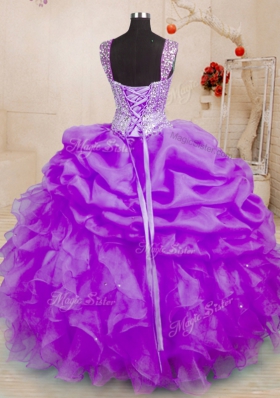 Purple Sleeveless Floor Length Beading and Ruffles and Pick Ups Lace Up Sweet 16 Dress