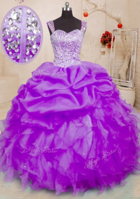 Purple Sleeveless Floor Length Beading and Ruffles and Pick Ups Lace Up Sweet 16 Dress