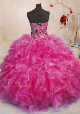 Sleeveless Organza Floor Length Lace Up Quince Ball Gowns in Hot Pink for with Beading and Appliques and Ruffles