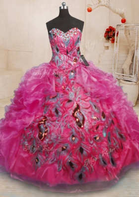 Sleeveless Organza Floor Length Lace Up Quince Ball Gowns in Hot Pink for with Beading and Appliques and Ruffles