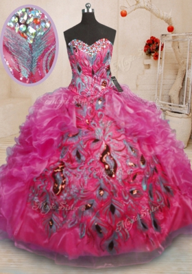 Sleeveless Organza Floor Length Lace Up Quince Ball Gowns in Hot Pink for with Beading and Appliques and Ruffles