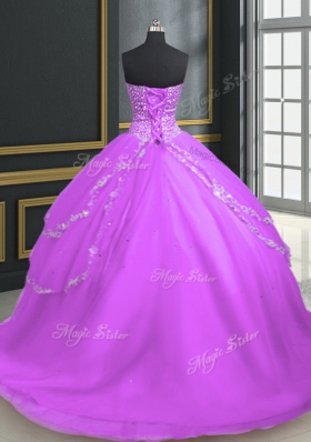 Spectacular Lilac Lace Up Quinceanera Dresses Beading and Appliques Sleeveless With Brush Train