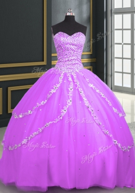 Spectacular Lilac Lace Up Quinceanera Dresses Beading and Appliques Sleeveless With Brush Train