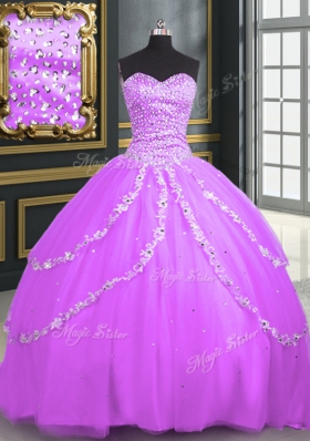 Spectacular Lilac Lace Up Quinceanera Dresses Beading and Appliques Sleeveless With Brush Train