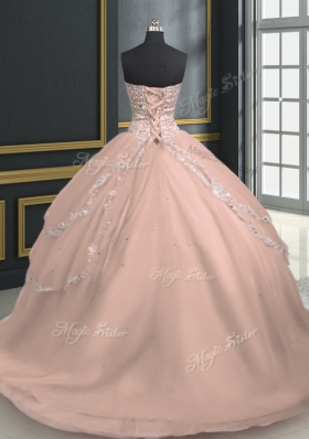 Stunning Pink Quinceanera Dress Military Ball and Sweet 16 and Quinceanera and For with Beading and Appliques Sweetheart Sleeveless Brush Train Lace Up