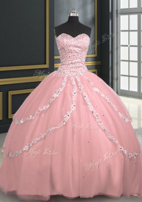 Stunning Pink Quinceanera Dress Military Ball and Sweet 16 and Quinceanera and For with Beading and Appliques Sweetheart Sleeveless Brush Train Lace Up