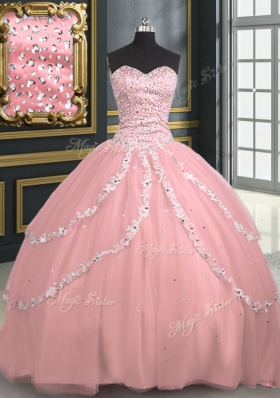 Stunning Pink Quinceanera Dress Military Ball and Sweet 16 and Quinceanera and For with Beading and Appliques Sweetheart Sleeveless Brush Train Lace Up
