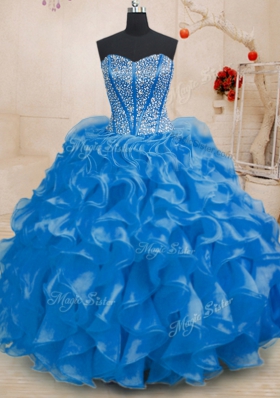 Sumptuous Royal Blue Lace Up Sweetheart Beading and Ruffles Quinceanera Dress Organza Sleeveless