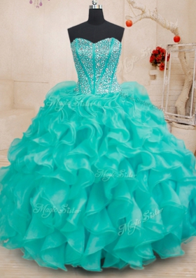 Turquoise Sleeveless Beading and Ruffles Floor Length Quinceanera Gown