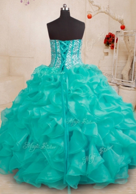 Turquoise Sleeveless Beading and Ruffles Floor Length Quinceanera Gown