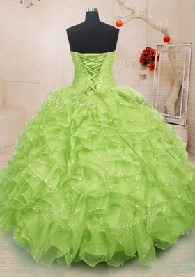 Yellow Green Ball Gowns Sweetheart Sleeveless Organza Floor Length Lace Up Beading and Ruffles and Hand Made Flower Vestidos de Quinceanera