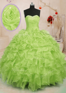 Yellow Green Ball Gowns Sweetheart Sleeveless Organza Floor Length Lace Up Beading and Ruffles and Hand Made Flower Vestidos de Quinceanera