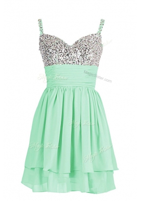 Chiffon Sweetheart Sleeveless Zipper Beading and Ruching Womens Evening Dresses in Apple Green