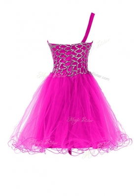 Fabulous One Shoulder Sleeveless Prom Party Dress Mini Length Beading Fuchsia Organza