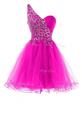 Fabulous One Shoulder Sleeveless Prom Party Dress Mini Length Beading Fuchsia Organza