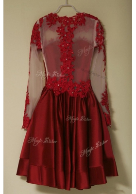 Fashion Scoop Long Sleeves Satin Knee Length Zipper Prom Dress in Wine Red for with Appliques