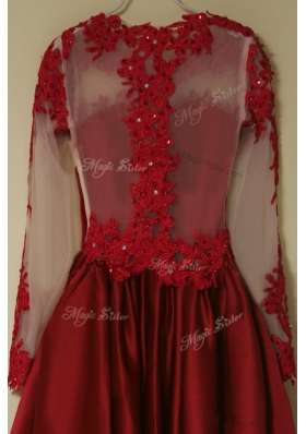 Fashion Scoop Long Sleeves Satin Knee Length Zipper Prom Dress in Wine Red for with Appliques